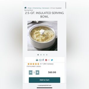 Pampered Chef White Insulated Serving Bowl NIB